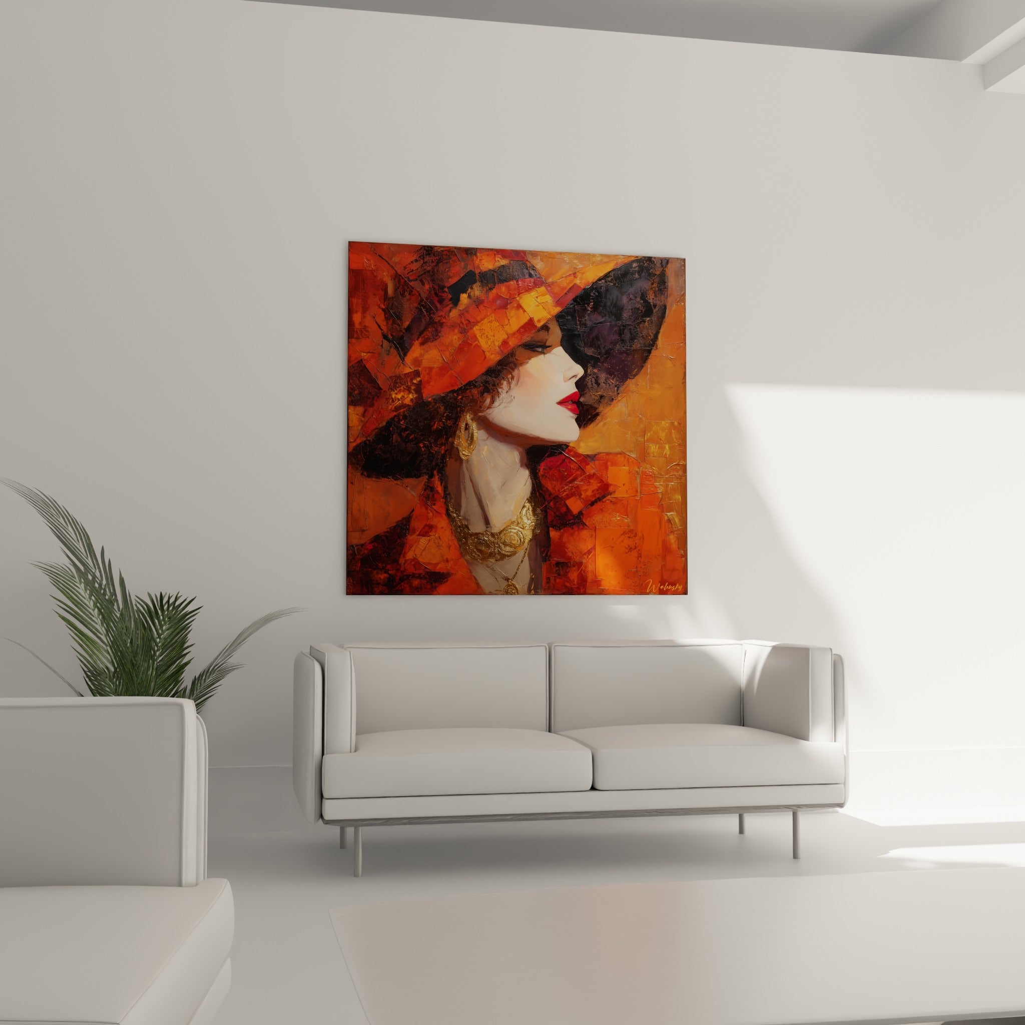 Élégante silhouette au chapeau orange et sombre, disposée au-dessus d'un canapé dans un salon lumineux
