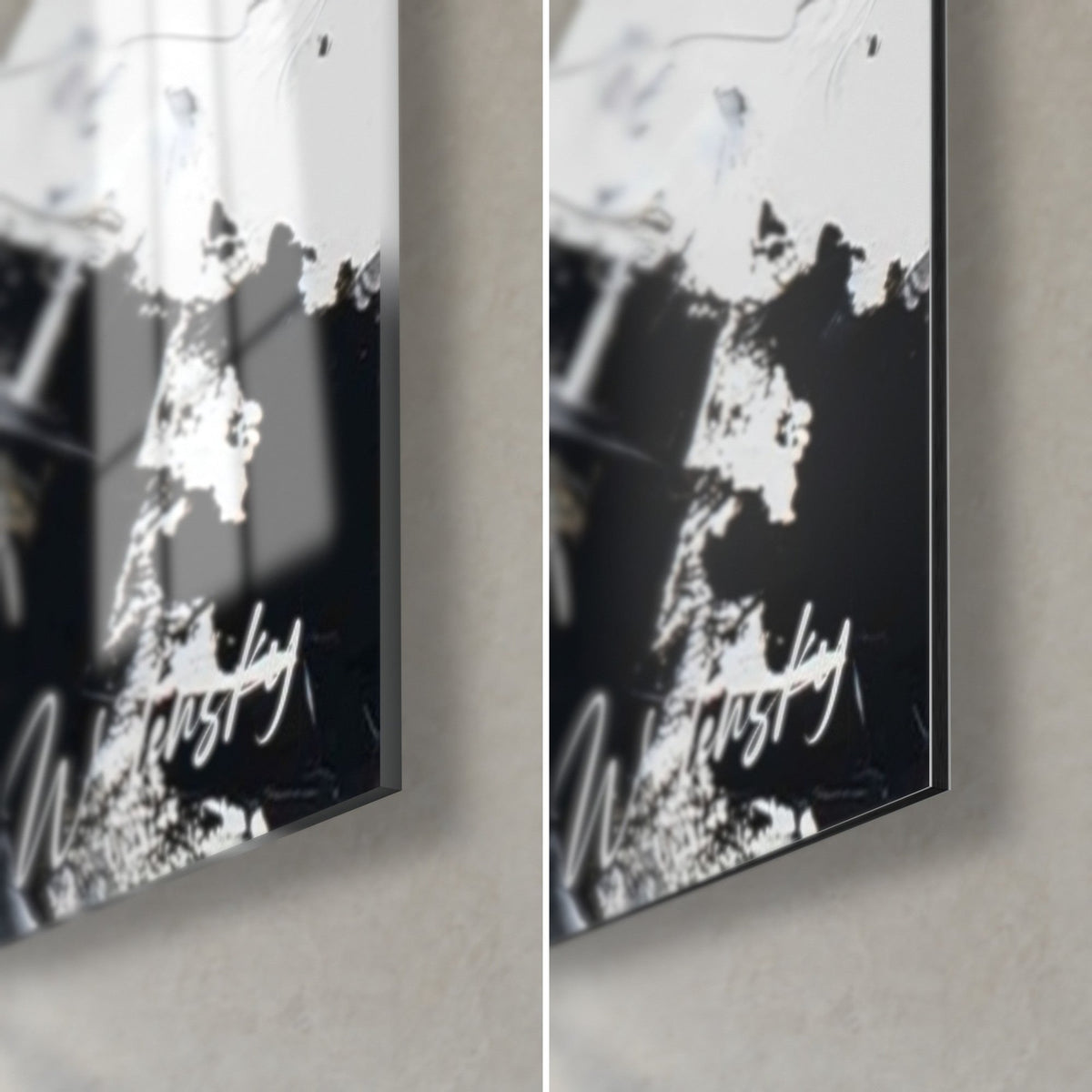 Tableau mannequin en robe noire et blanche, coin bas droit : verre acrylique brillant à gauche, Dibond mat à droite, tranche 3 mm
