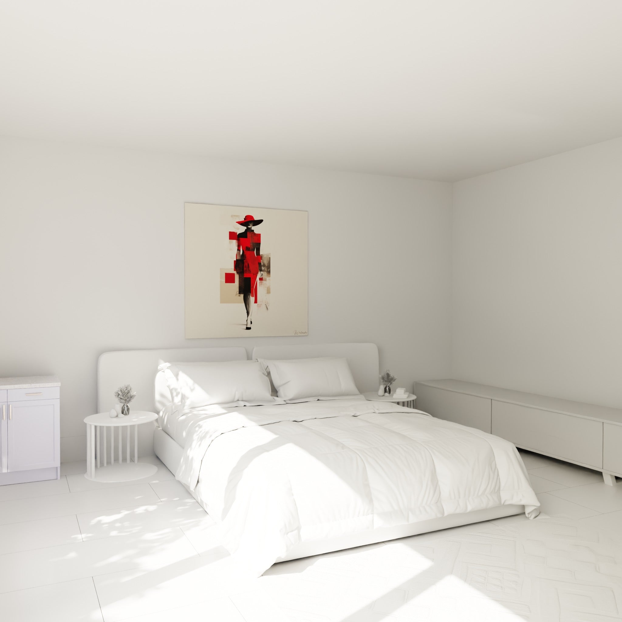 Femme au chapeau rouge et aplats anthracite accrochée au-dessus d'un lit dans une chambre claire