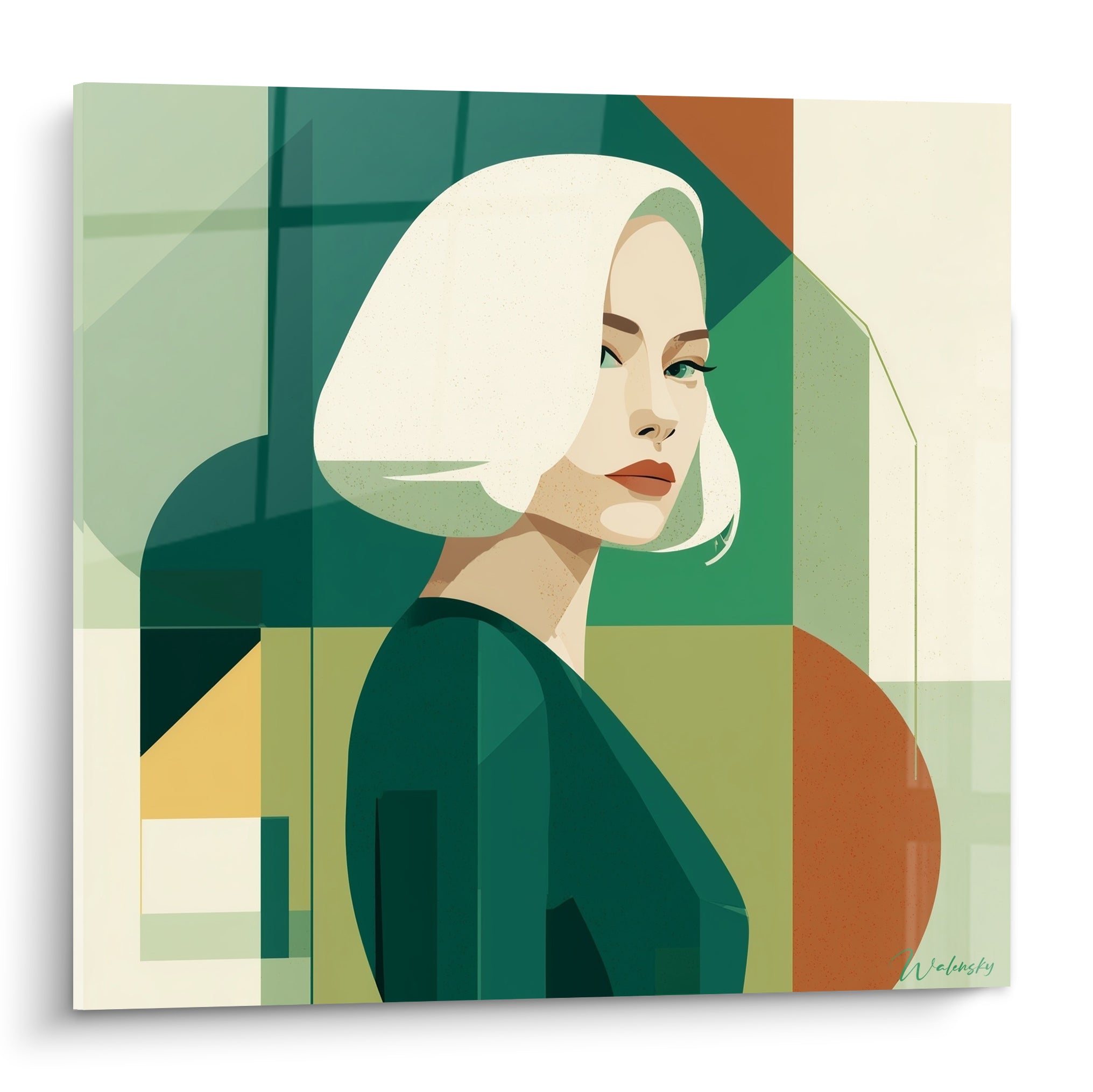 Portrait géométrique d'une femme aux cheveux blancs, fond vert émeraude et terracotta, style cubiste raffiné.