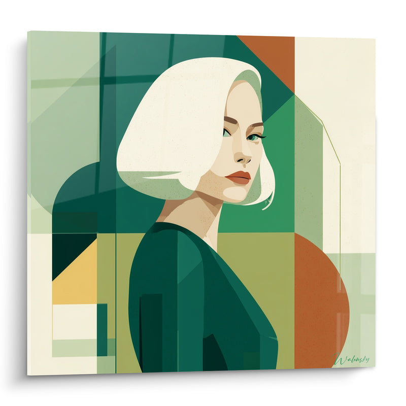 Tableau Femme au carré blanc vert émeraude - Silhouette énigmatique - Edition Illustration de mode
