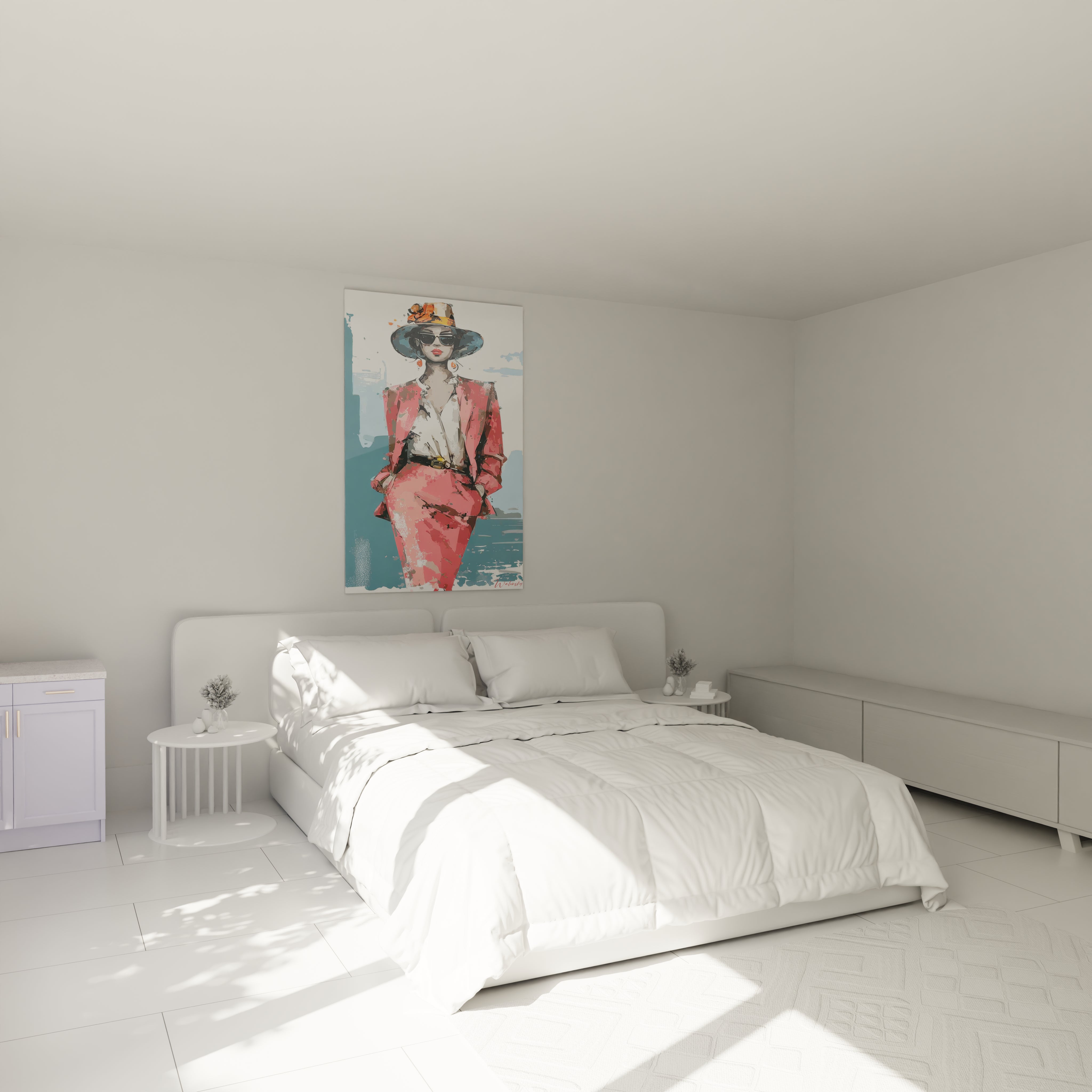 Tableau illustration mode femme de Walensky accroché au mur d'une chambre élégante avec lit lumineux