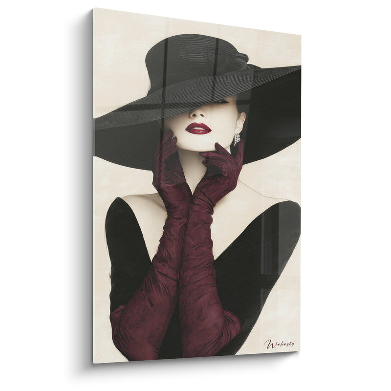 Tableau Gants noirs et bordeaux aux mains jointes - Boucle d'oreille scintillante - Edition Illustration de mode