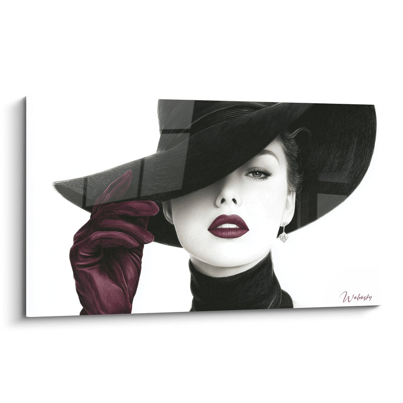 Tableau Femme chapeau noir gants bordeaux - Allure secrète - Edition Illustration de mode