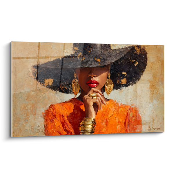 Gemälde Frau mit schwarzem und orangefarbenem Hut - Geheimnis unter dem Schleier - Edition Modeillustration