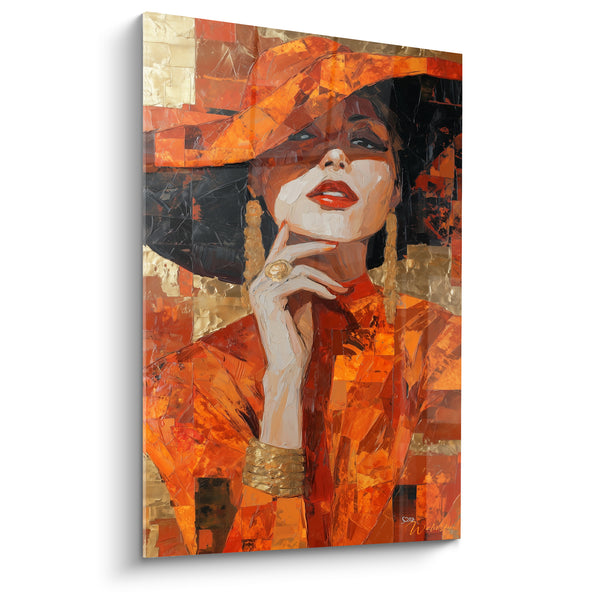 Gemälde Orange-Schwarz Hut mit massiver goldener Bänder – Hand unter dem Kinn – Mode-Illustration-Edition