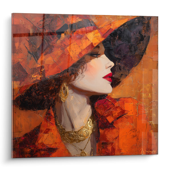 Gemälde Frau mit orange-schwarzem Hut - Erhabene Haltung - Edition Mode-Illustration
