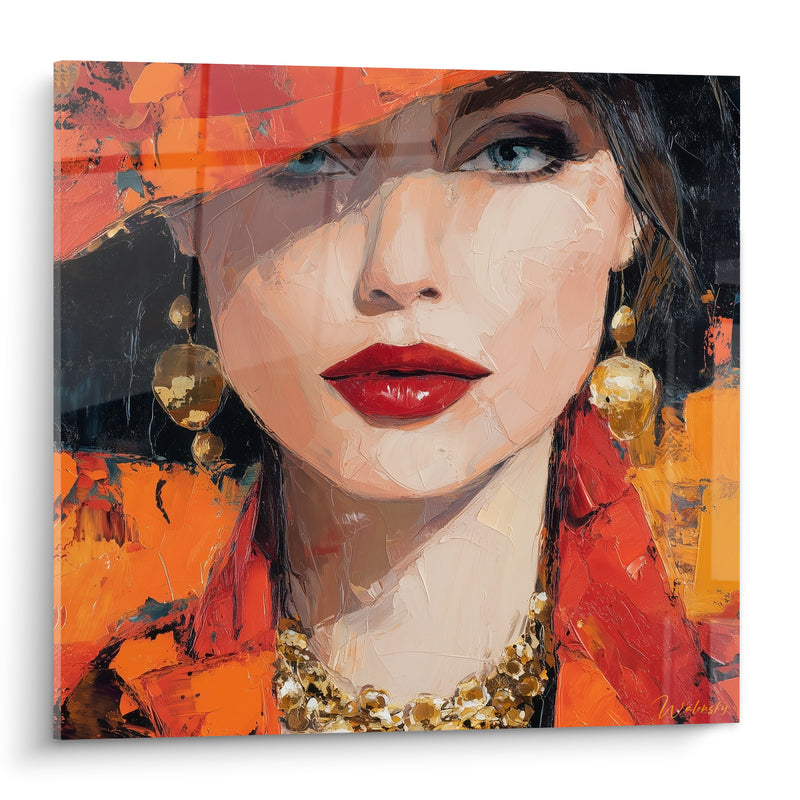 Tableau Femme au chapeau orange et boucles dorées - Regard sous le voile - Edition Illustration de mode