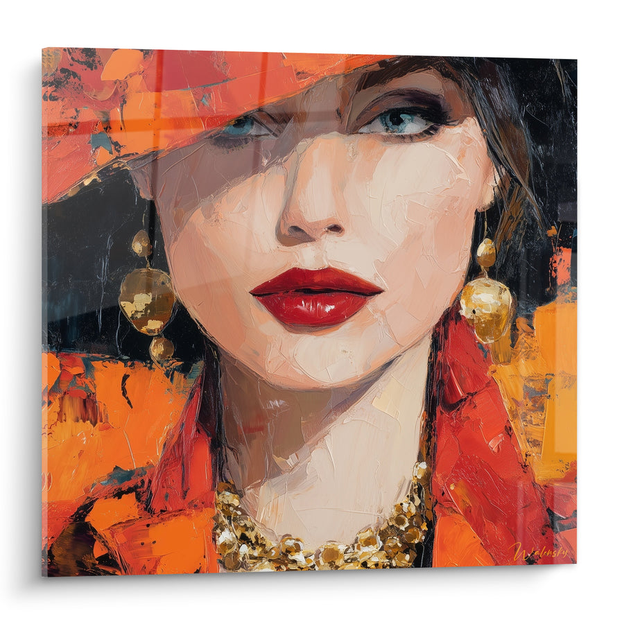 Tableau Femme au chapeau orange et boucles dorées - Regard sous le voile - Edition Illustration de mode