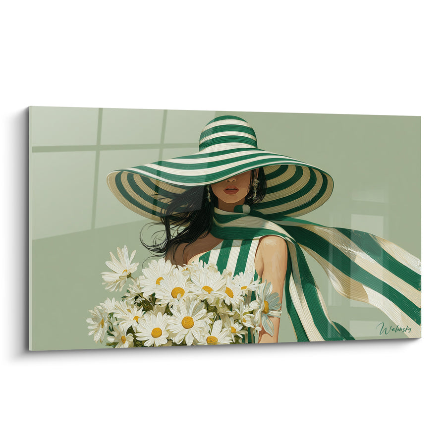 Tableau Femme chapeau vert marguerites blanches - Brise d'été - Edition Illustration de mode