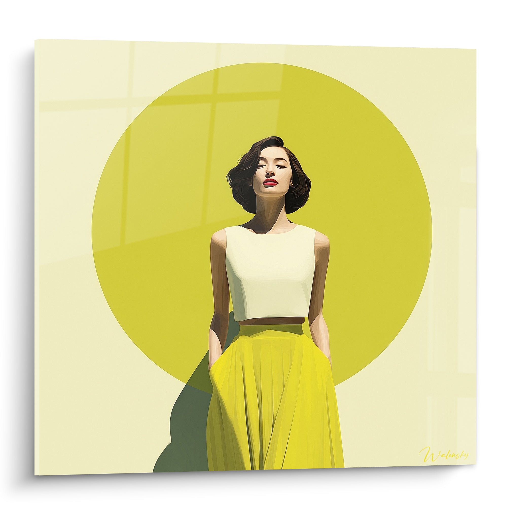 Femme aux cheveux bruns, jupe jaune vif et halo vert olive, illustration de mode aux couleurs franches