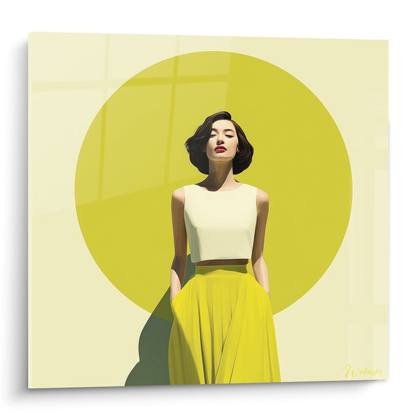 Gemälde Frau mit gelnem Rock, olivgrüner Kreis - Sonnenlicht-Ruhe - Edition Mode-Illustration