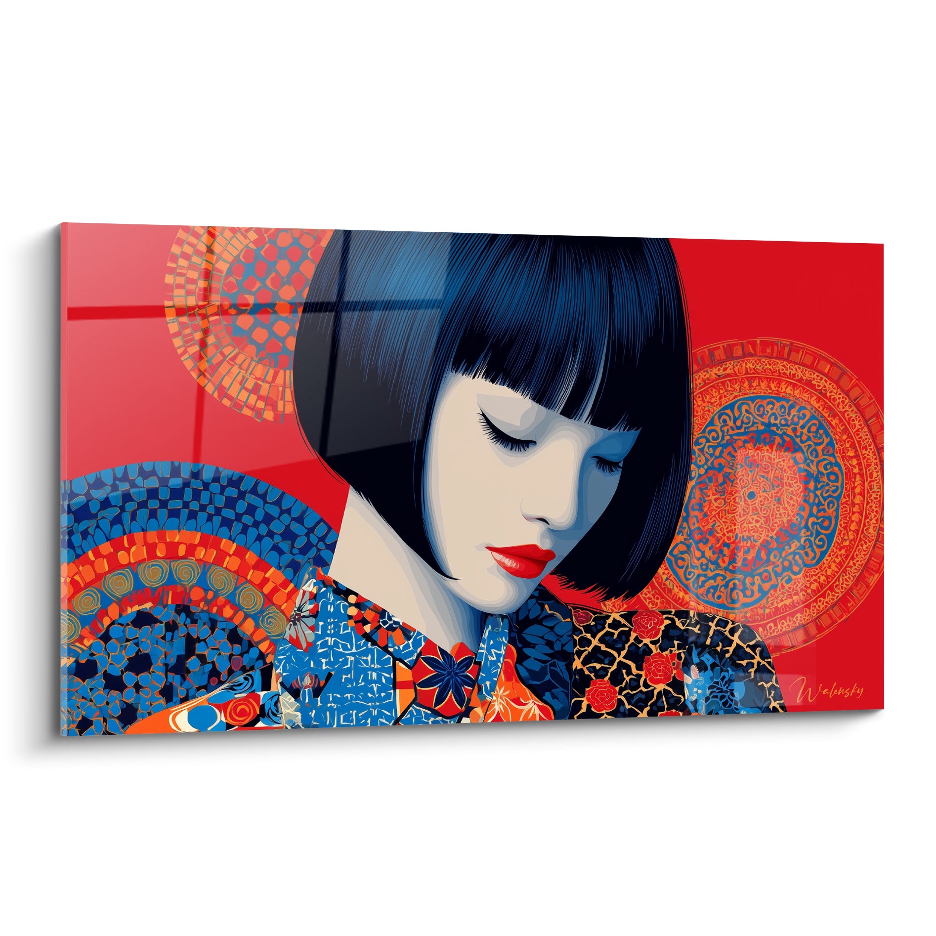 Femme japonaise au carré noir, kimono bleu et rouge, fond écarlate à motifs circulaires