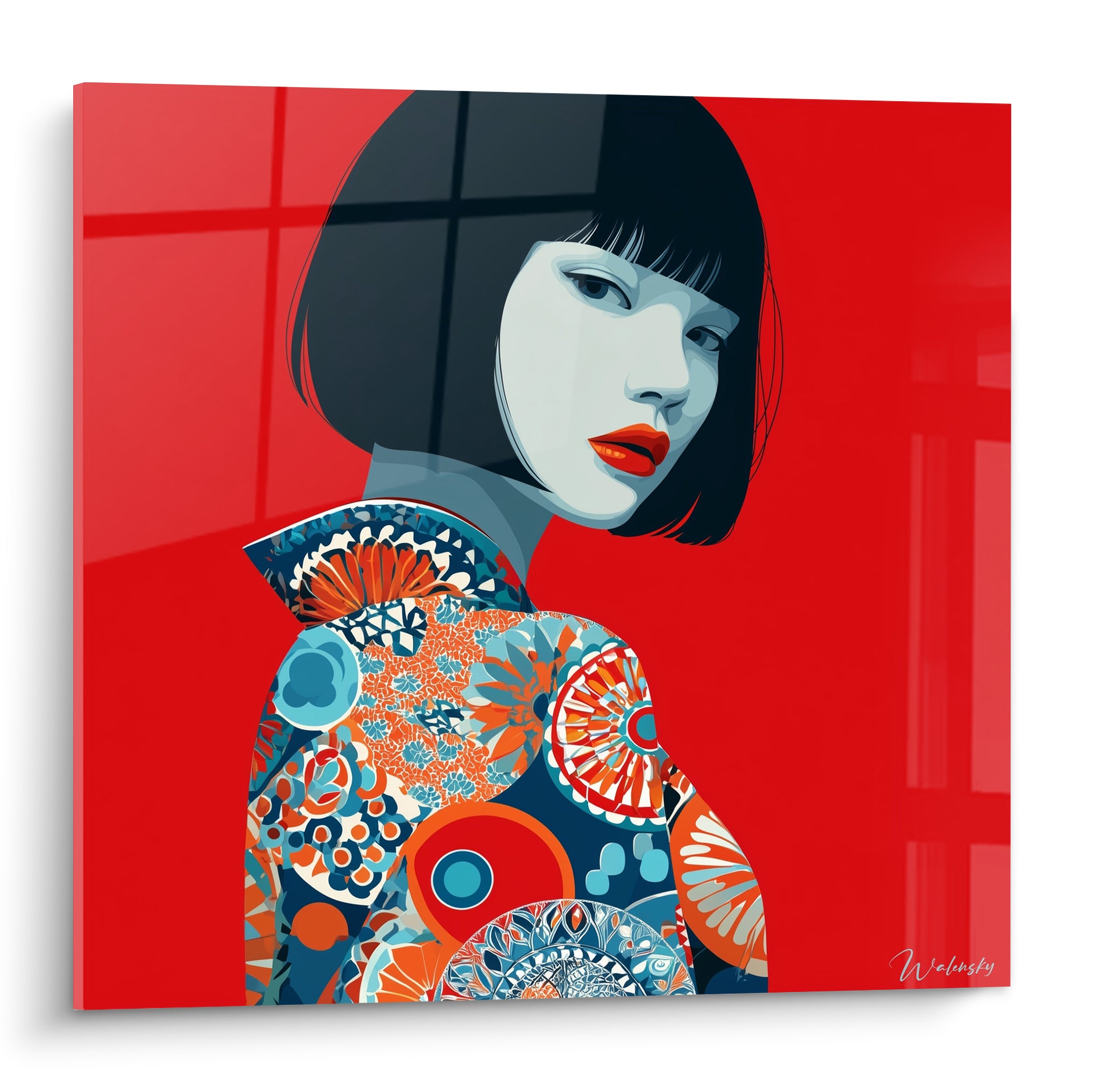 Femme au kimono bleu et orangé sur fond rouge intense, portrait stylisé aux lèvres rouges
