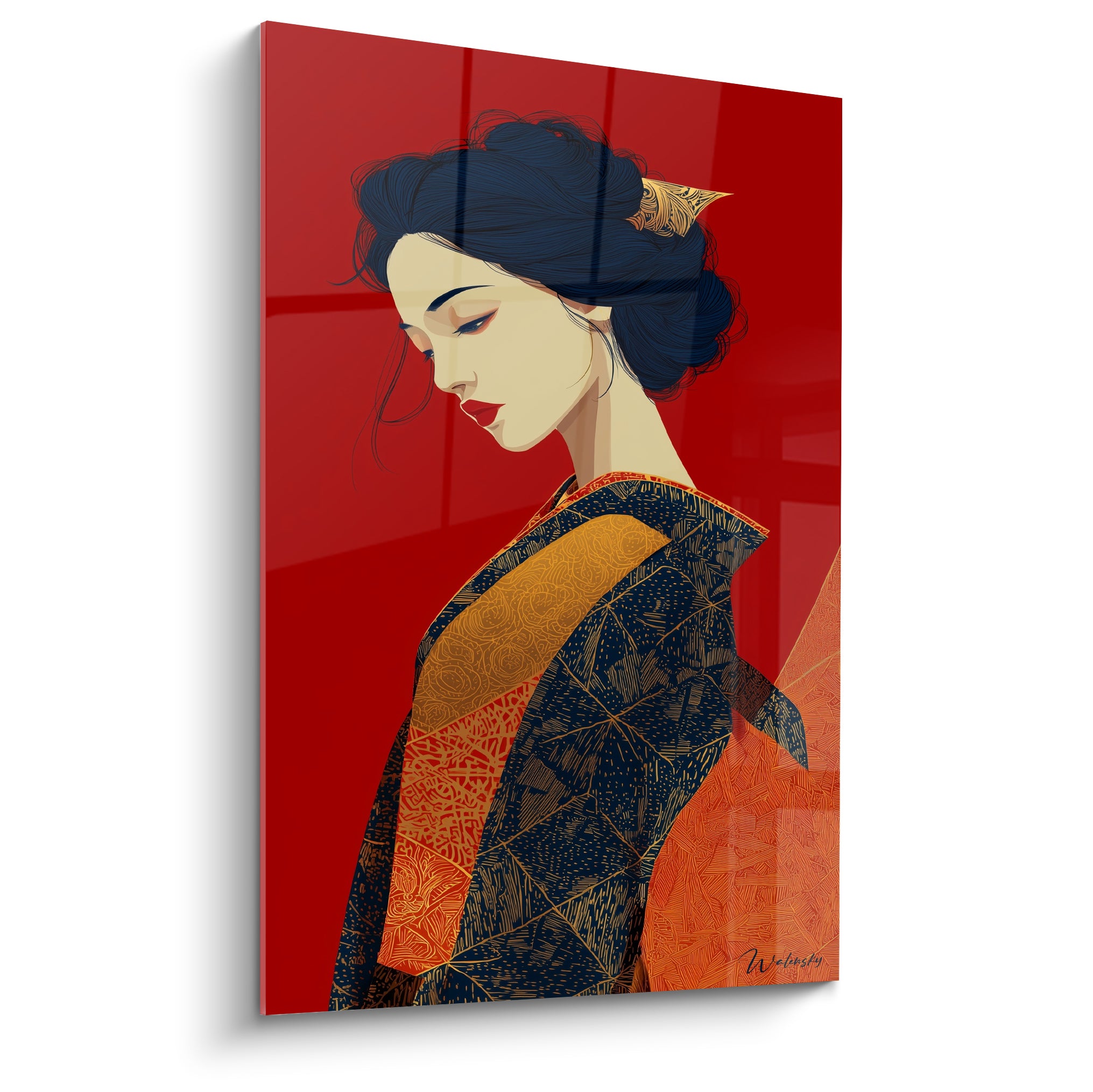 Portrait femme profil kimono bleu marine et orange brûlé sur fond rouge vermillon intense