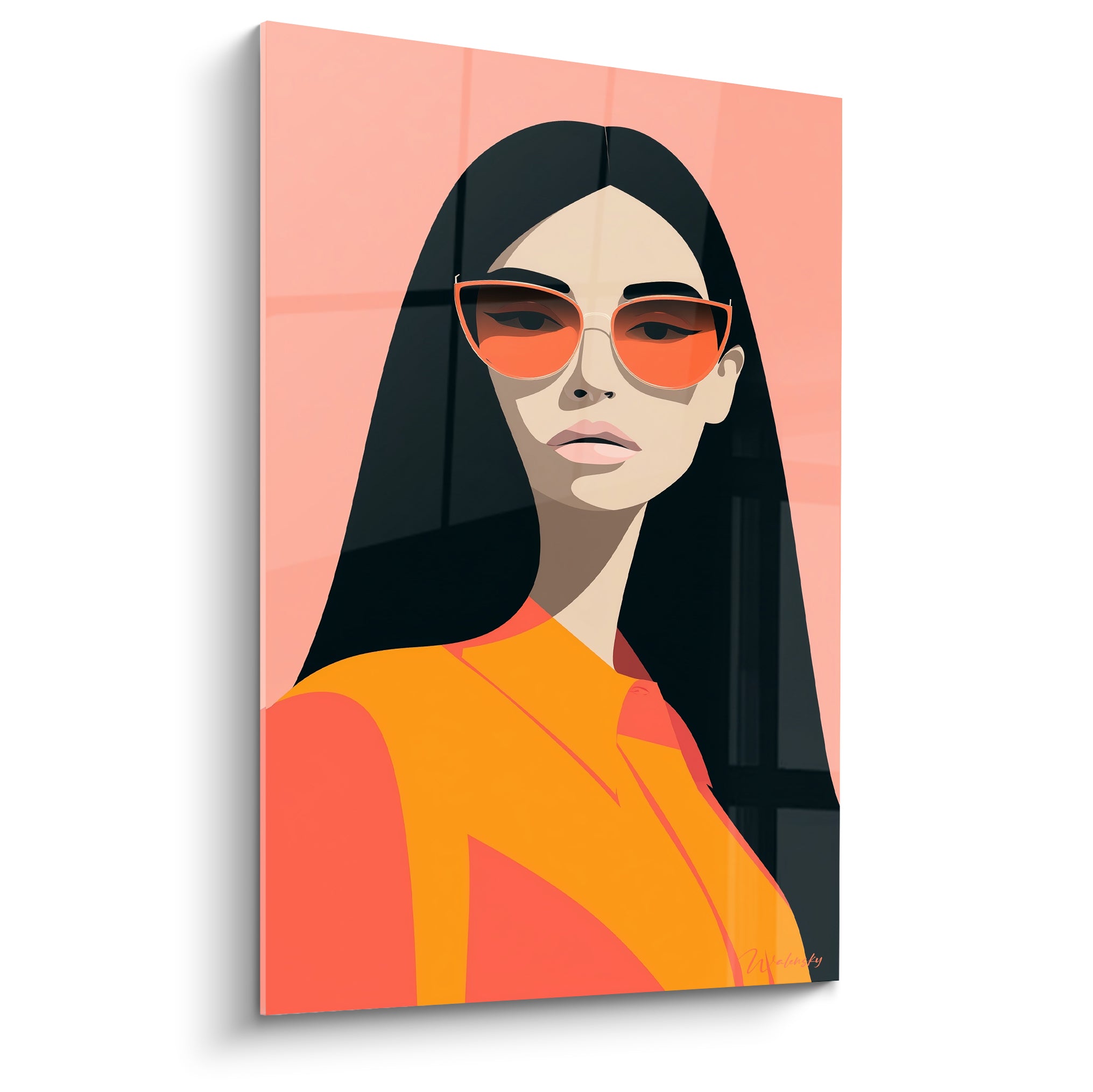 Femme aux cheveux noirs et lunettes orange, veste corail, illustration de mode sur fond rose