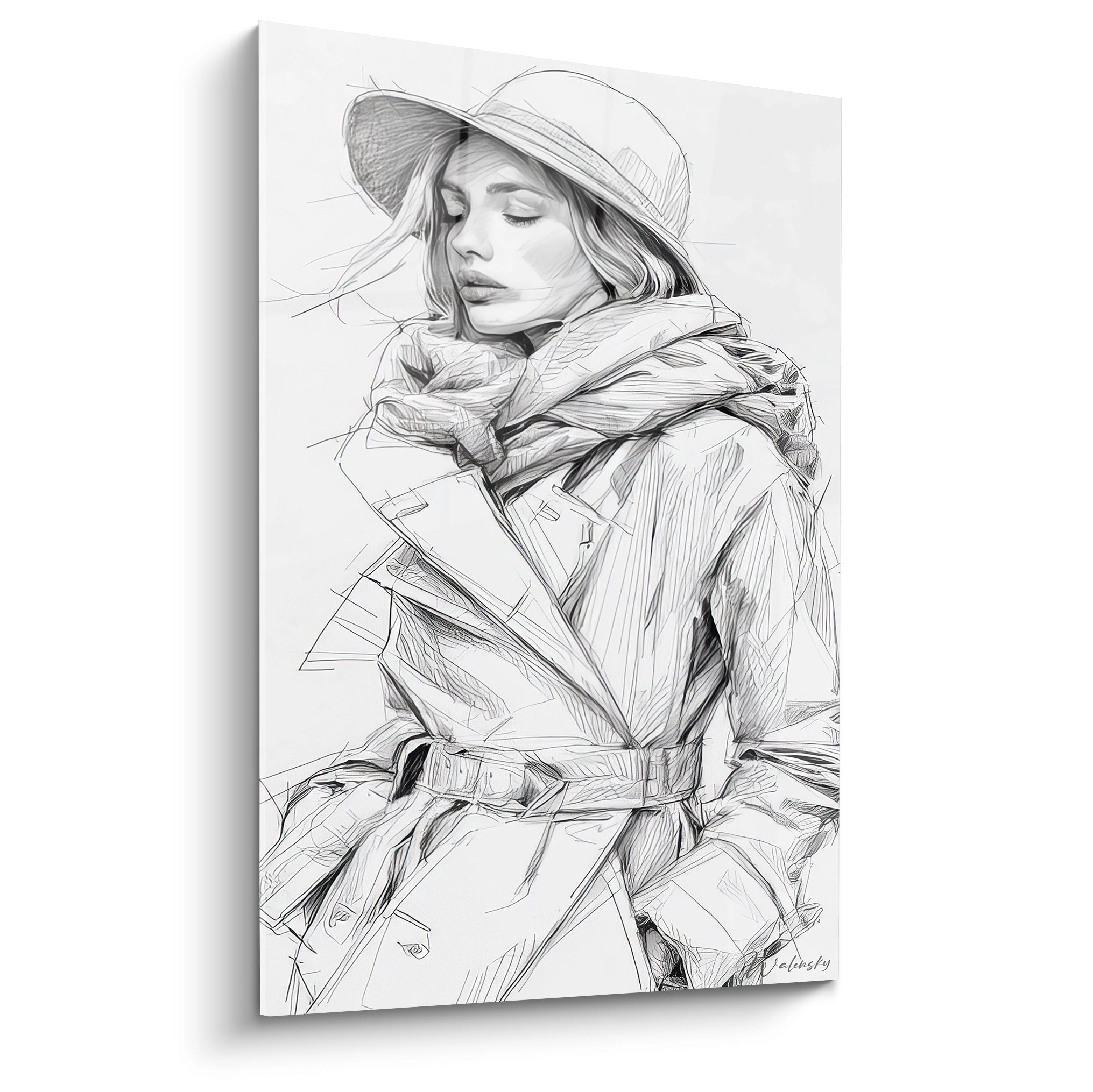 Tableau illustration mode femme en noir et blanc représentant une femme vêtue d'un manteau et chapeau