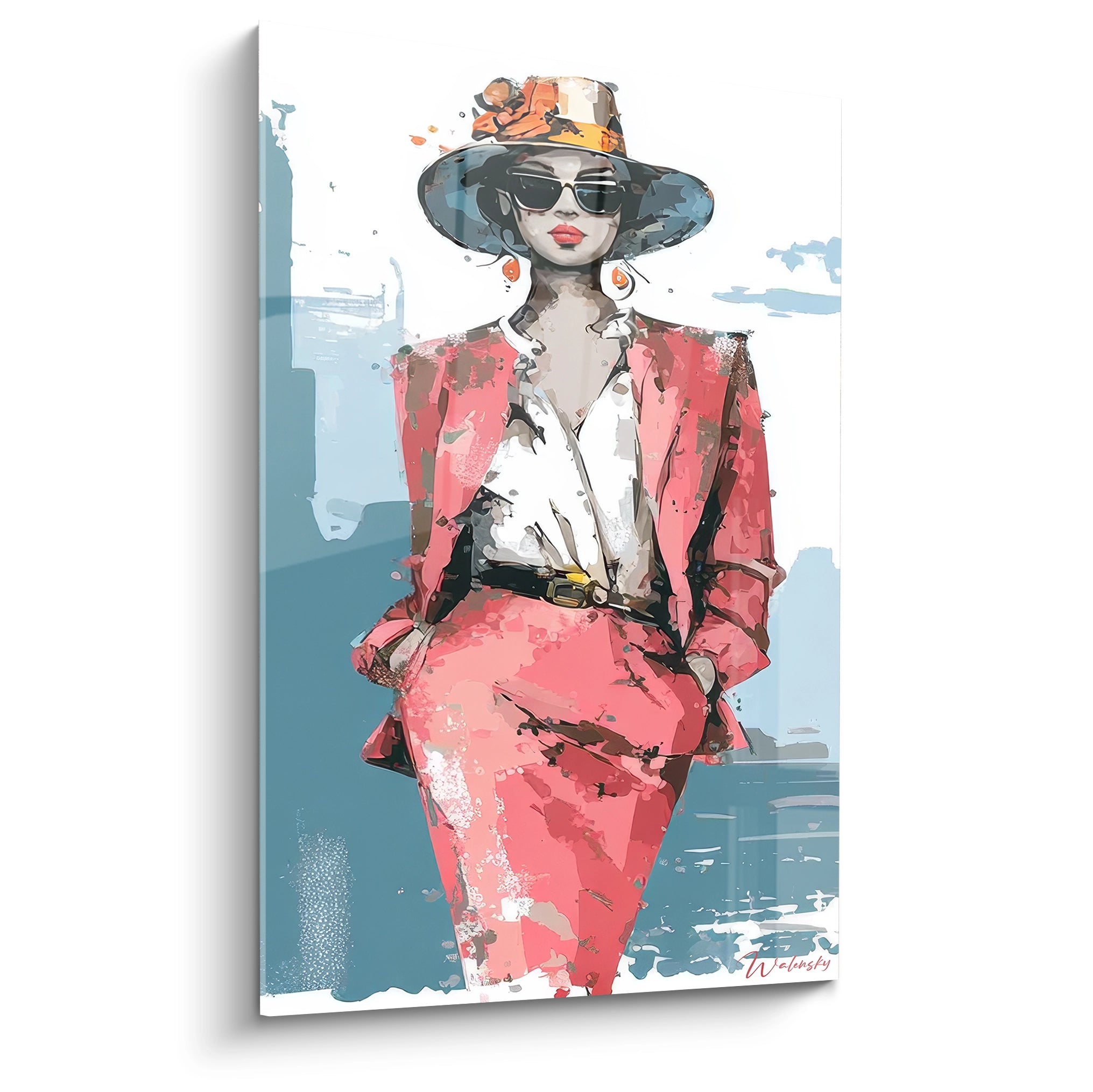 Tableau illustration mode femme avec une femme élégante en costume rose et chapeau stylé