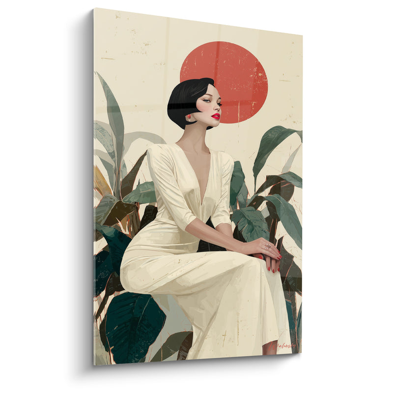 Tableau Robe ivoire et rouge parmi les feuillages - Disque solaire et bijoux rouges - Edition Illustration de mode