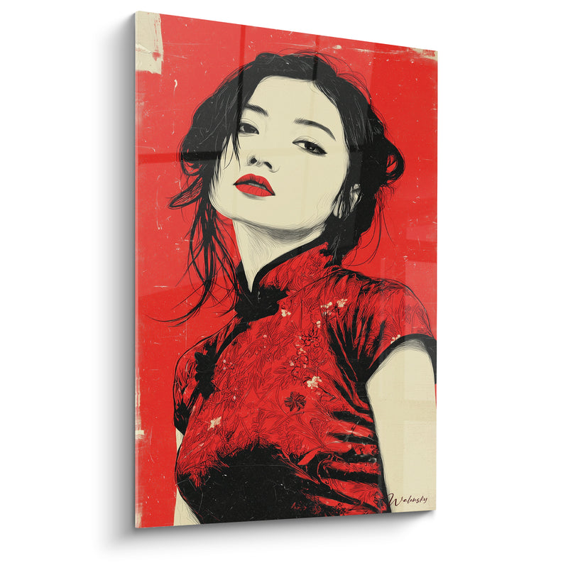 Tableau Robe fleurie rouge et noire aux épaules dénudées - Menton relevé - Edition Illustration de mode