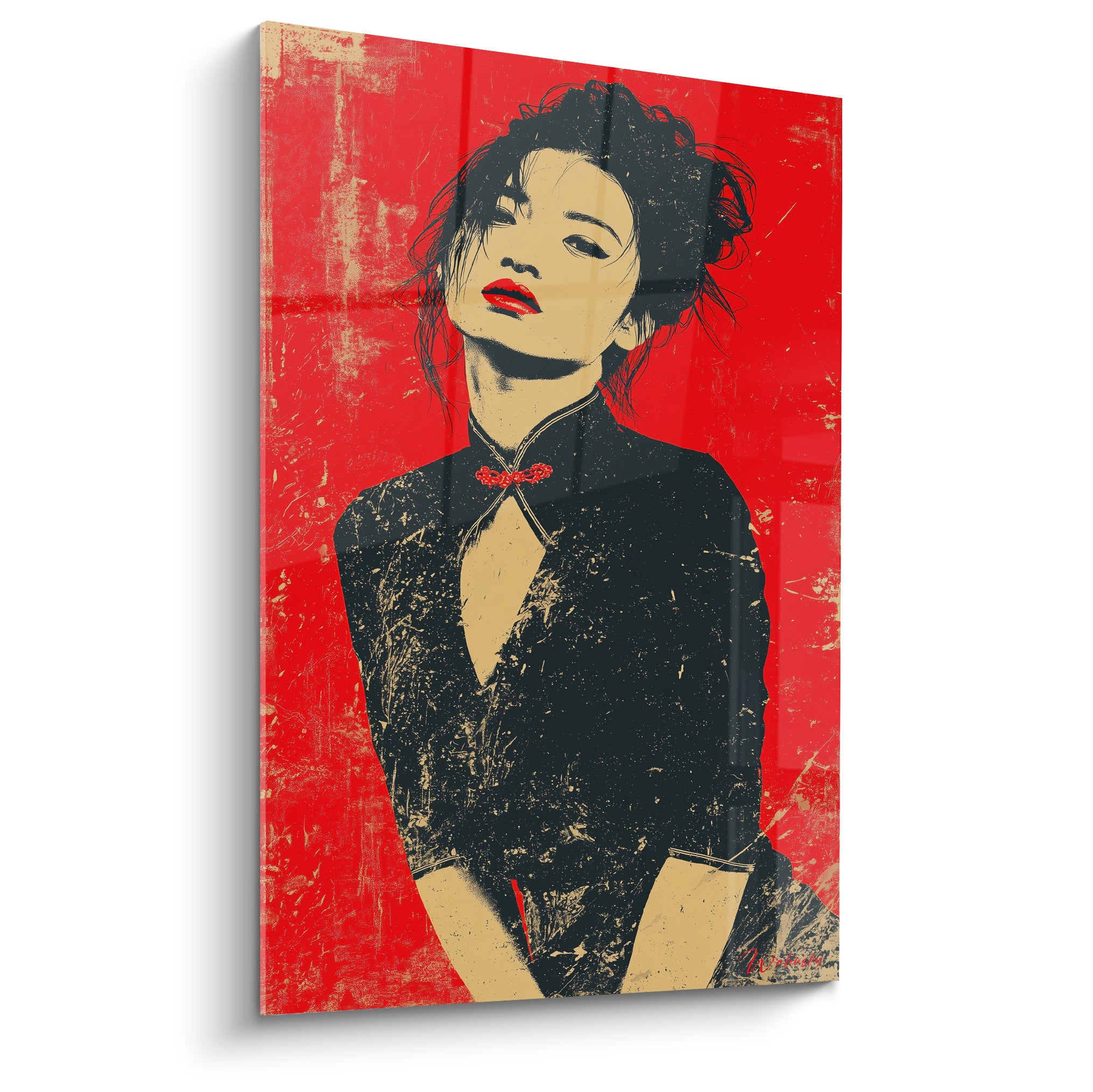 Femme en robe noire traditionnelle sur fond rouge éclatant, style affiche graphique usée