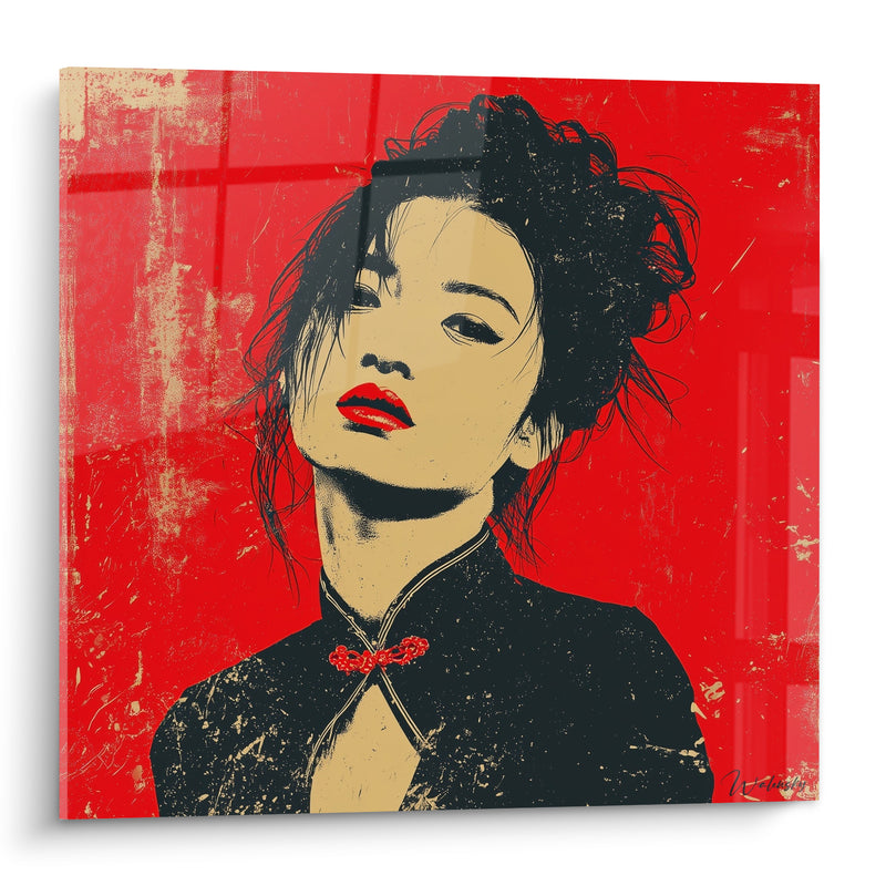 Tableau Femme rouge et noir au col boutonné - Regard d'incandescence - Edition Illustration de mode