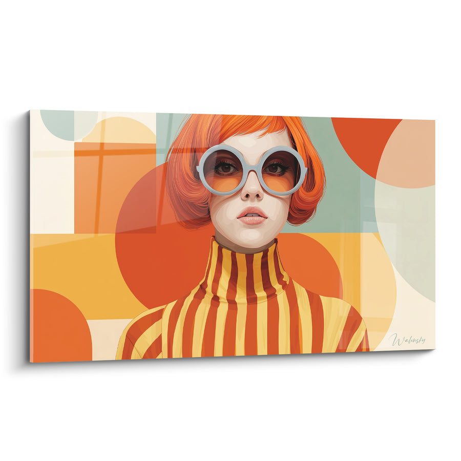 Tableau Pull rayé orange et jaune à col roulé - Lunettes rondes bleu pâle - Edition Illustration de mode