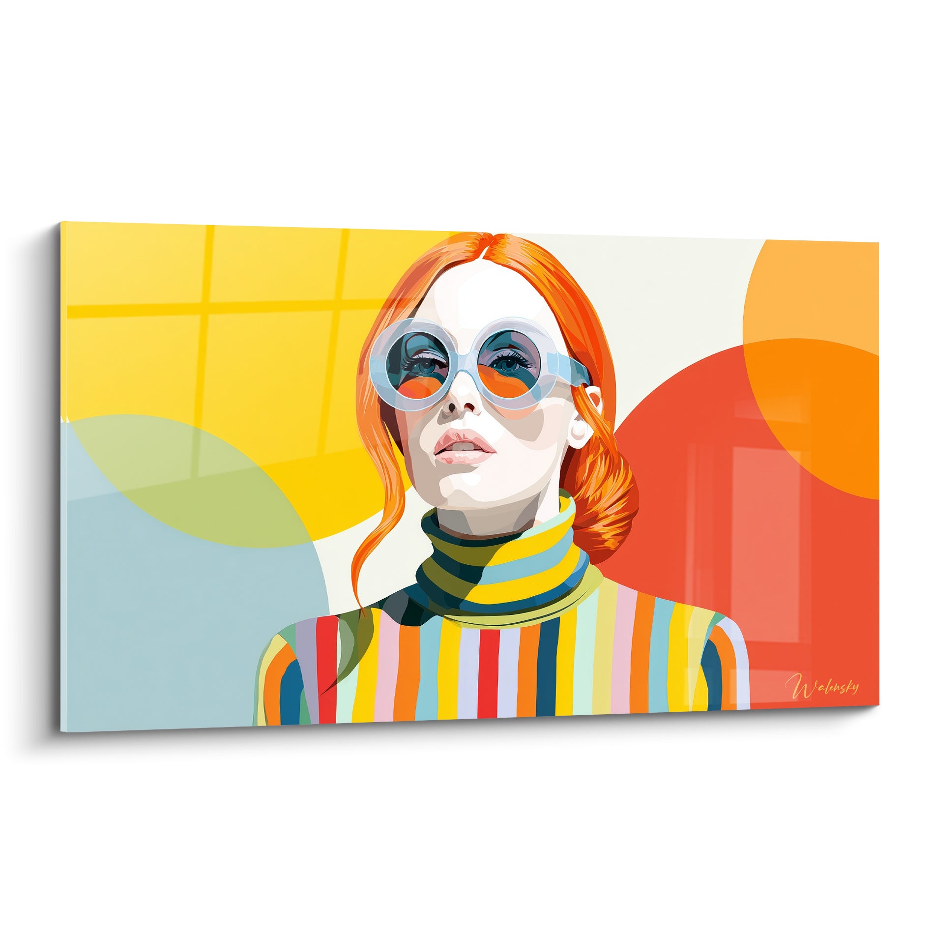 Femme rousse aux lunettes rondes bleu pastel et pull rayé jaune et orange, illustration de mode graphique