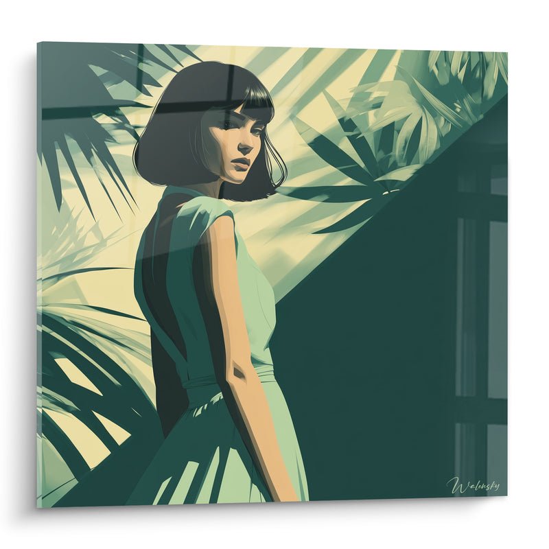 Tableau Femme robe vert sauge feuillage tropical - Pause tropicale - Edition Illustration de mode