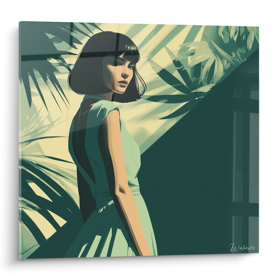 Tableau Femme robe vert sauge feuillage tropical - Pause tropicale - Edition Illustration de mode