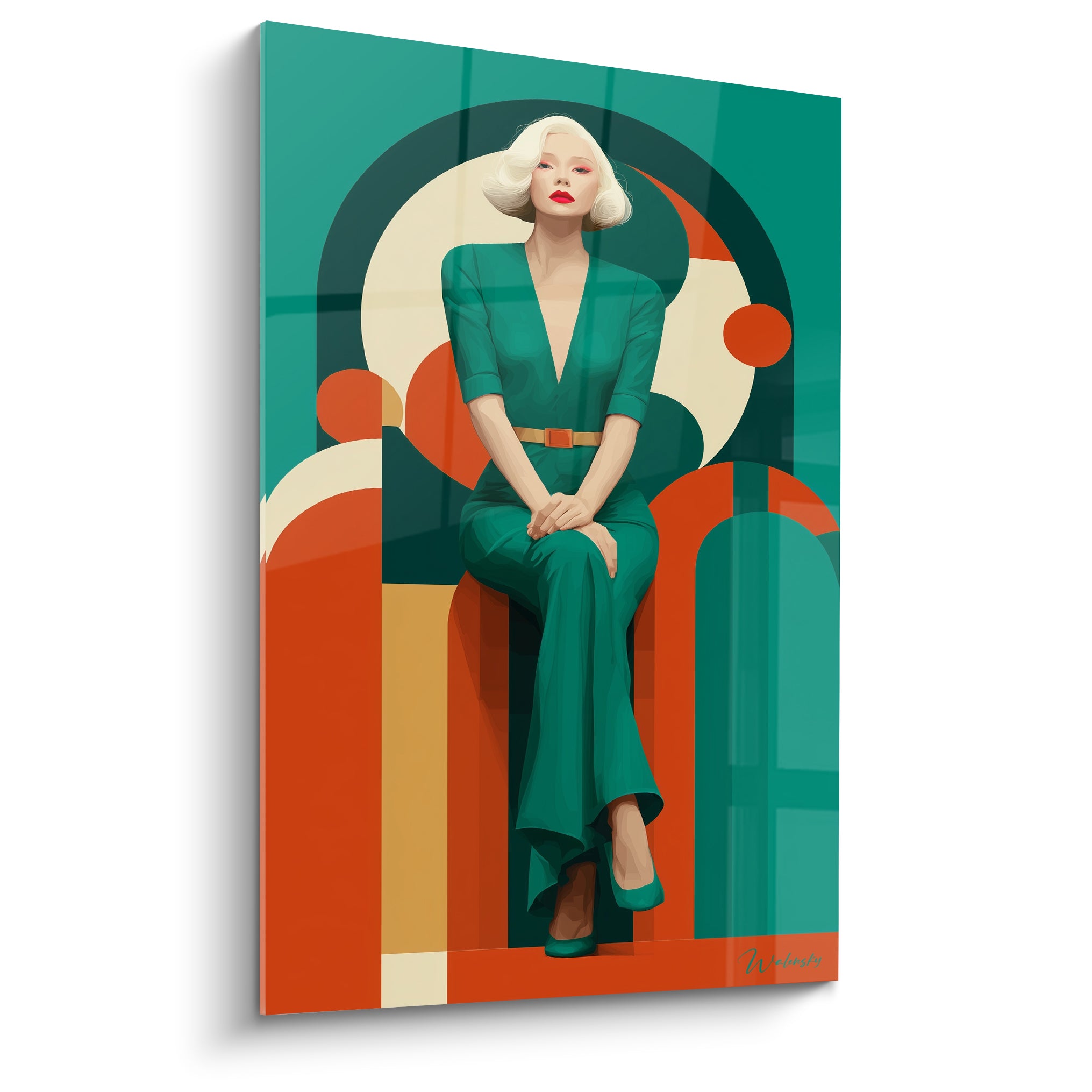 Femme blonde en combinaison vert émeraude assise devant des arches terracotta et crème stylisées