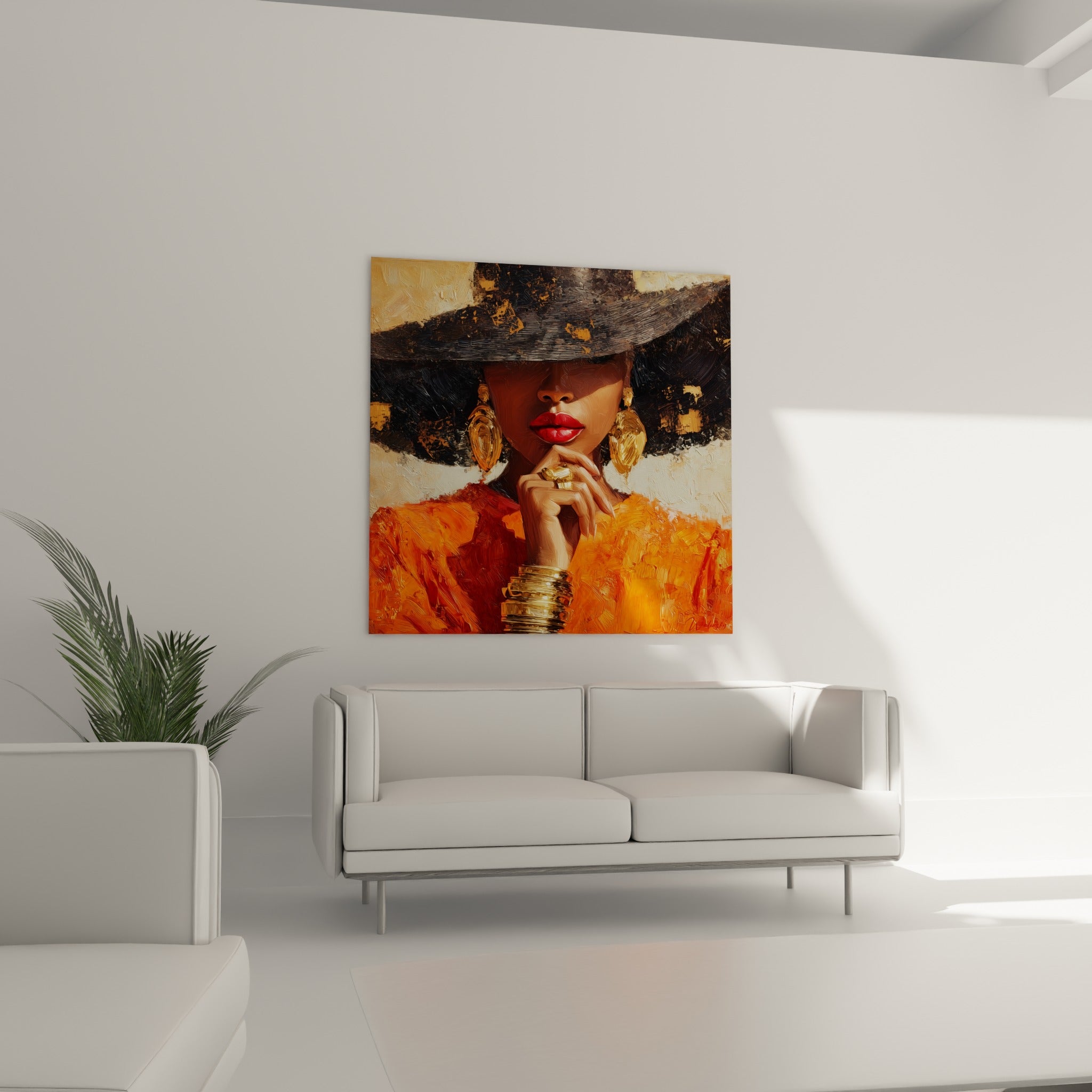 Femme voilée sous un chapeau doré, robe orange texturée, illustration de mode au-dessus d'un canapé dans un salon lumineux