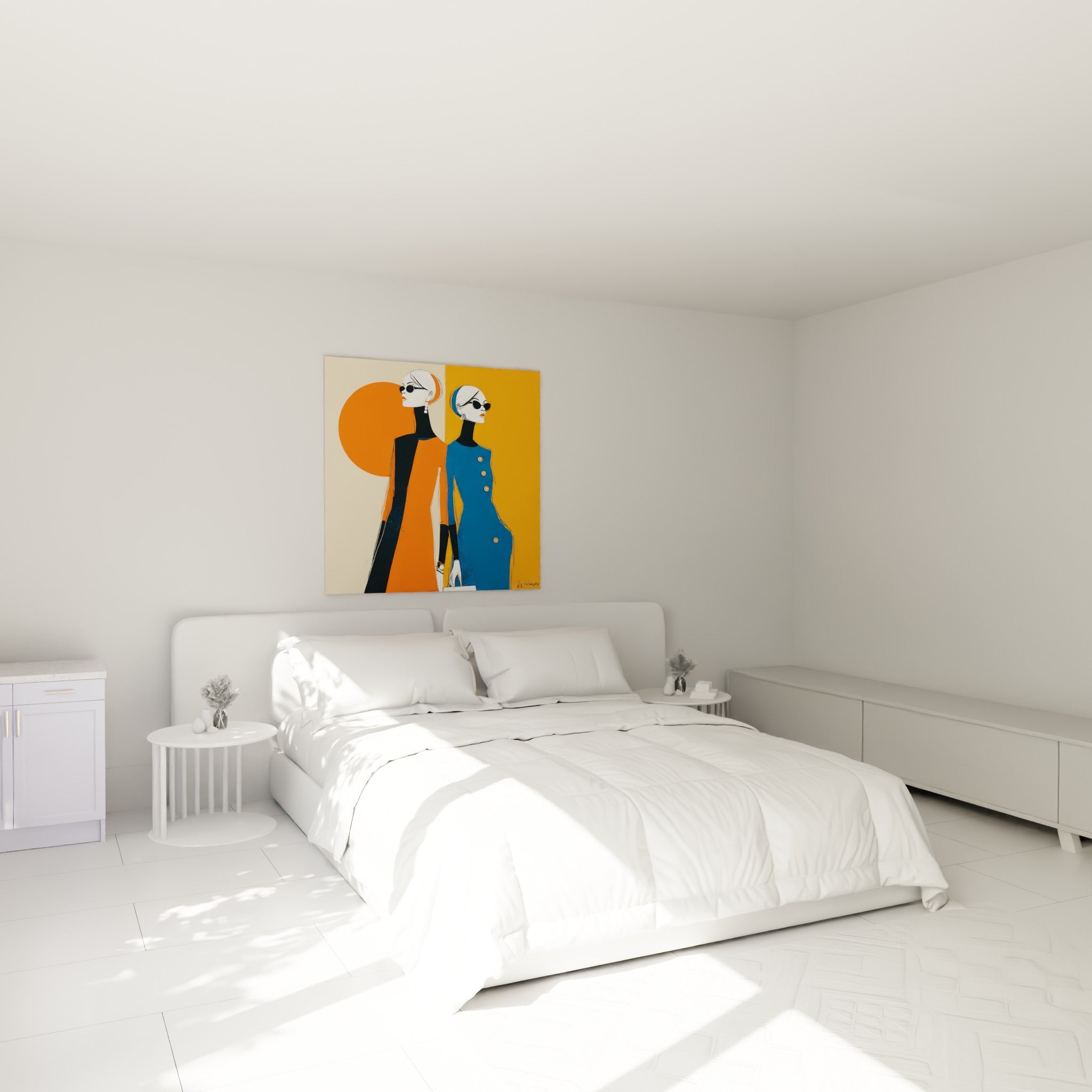 Silhouettes élégantes aux lunettes noires et robes orange et bleu marine au-dessus d'un lit dans une chambre claire