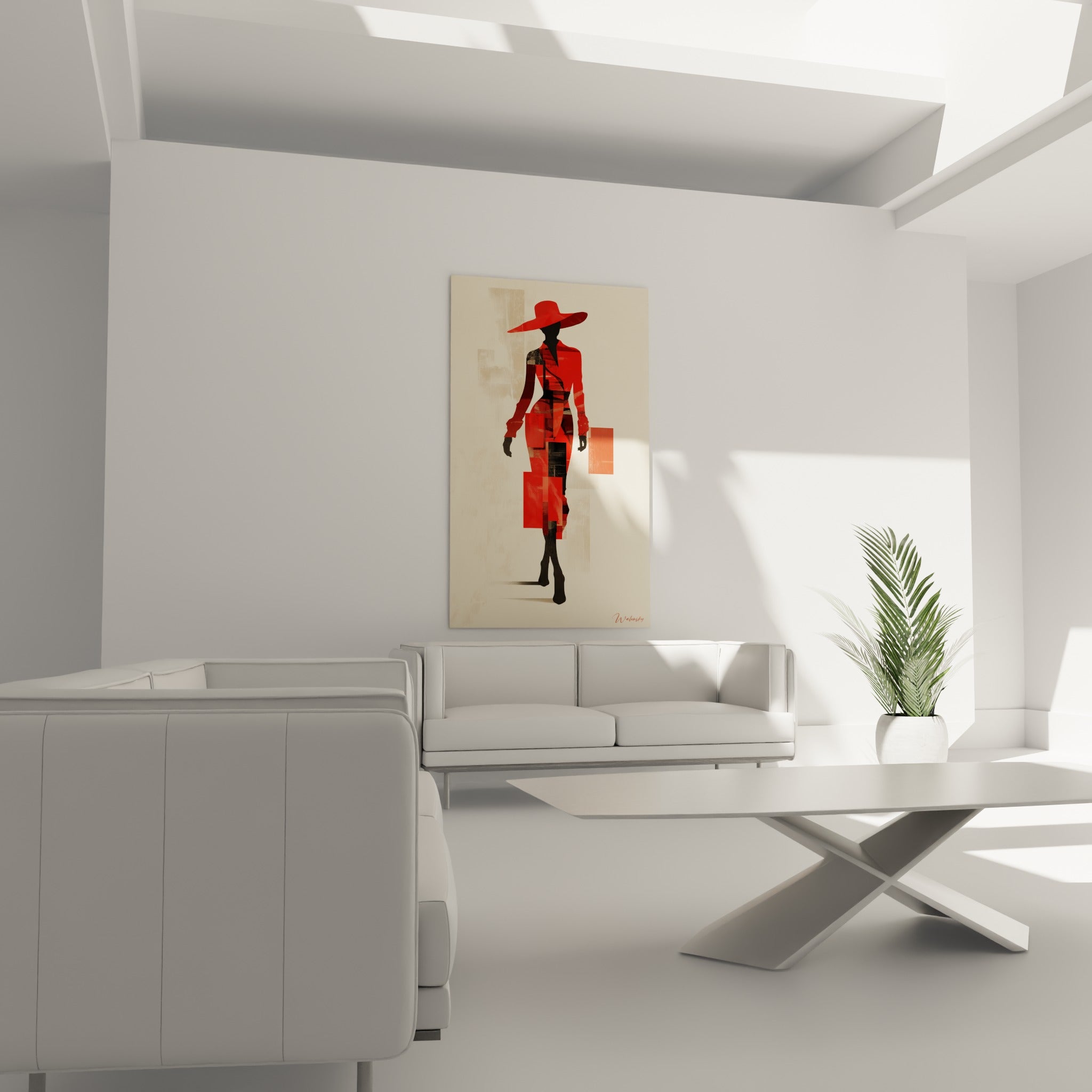 Figure au chapeau large rouge et corail placée au-dessus d'un canapé dans un salon lumineux