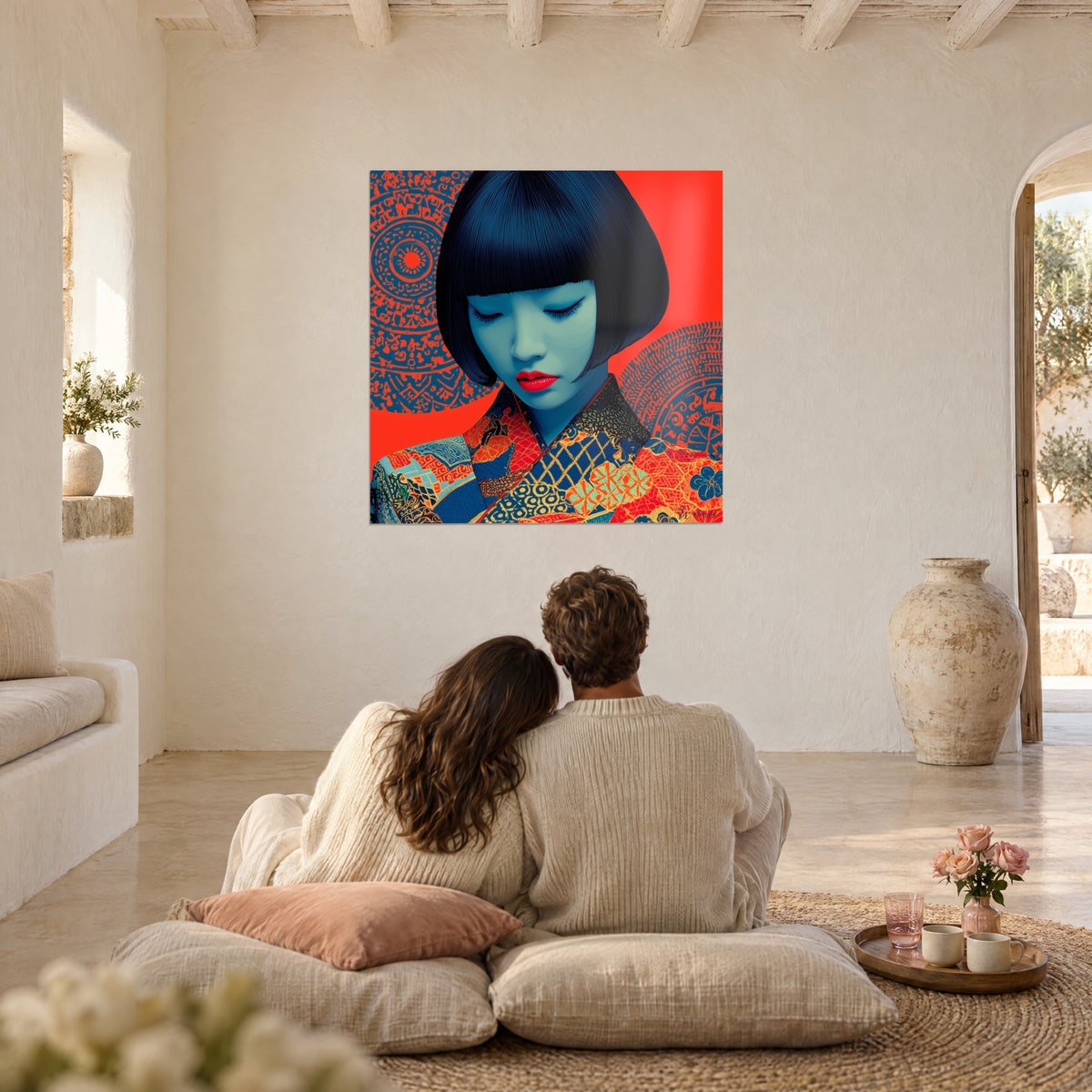Wall art woman with a deep-cut bob and bluish skin, red ornamental circles, couple embracing from behind on cushions