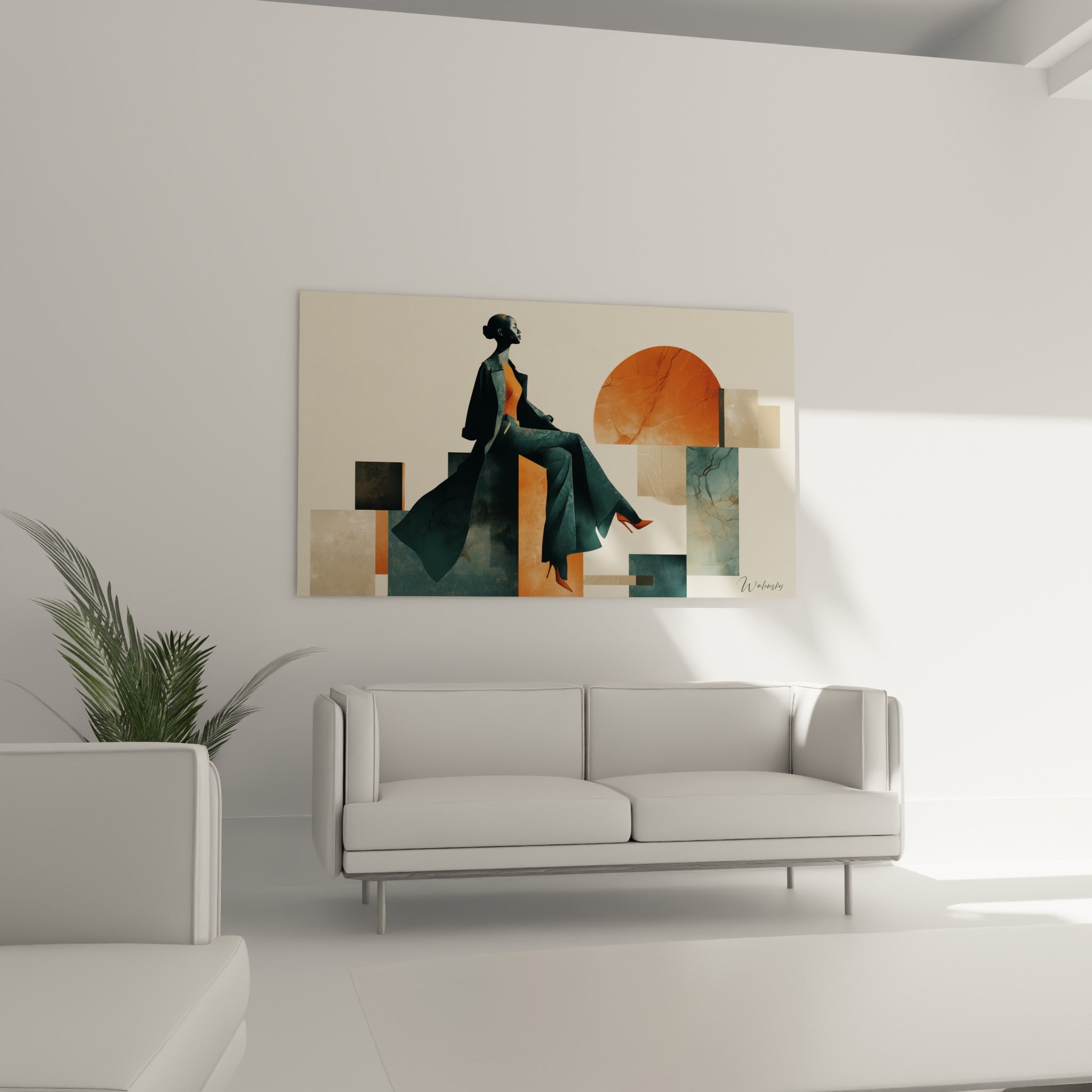Silhouette posée sur formes géométriques beige sable et orange, illustration de mode au-dessus d'un canapé dans un salon lumineux