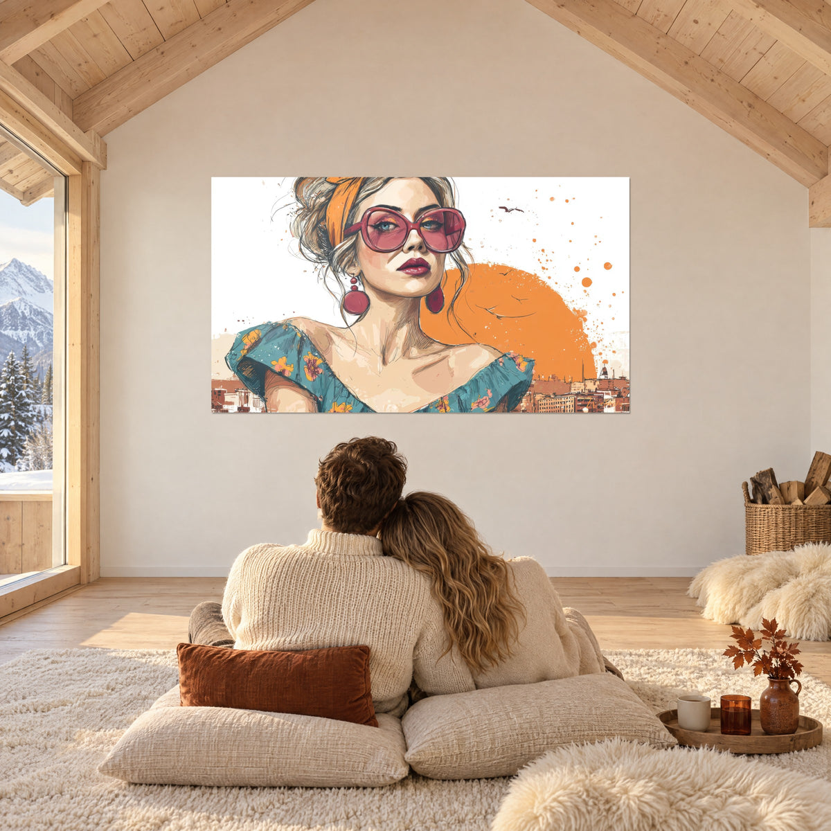 Cuadro figura femenina vintage, sol naranja gigante, volantes turquesa y rosas, pared de buhardilla de madera y lino