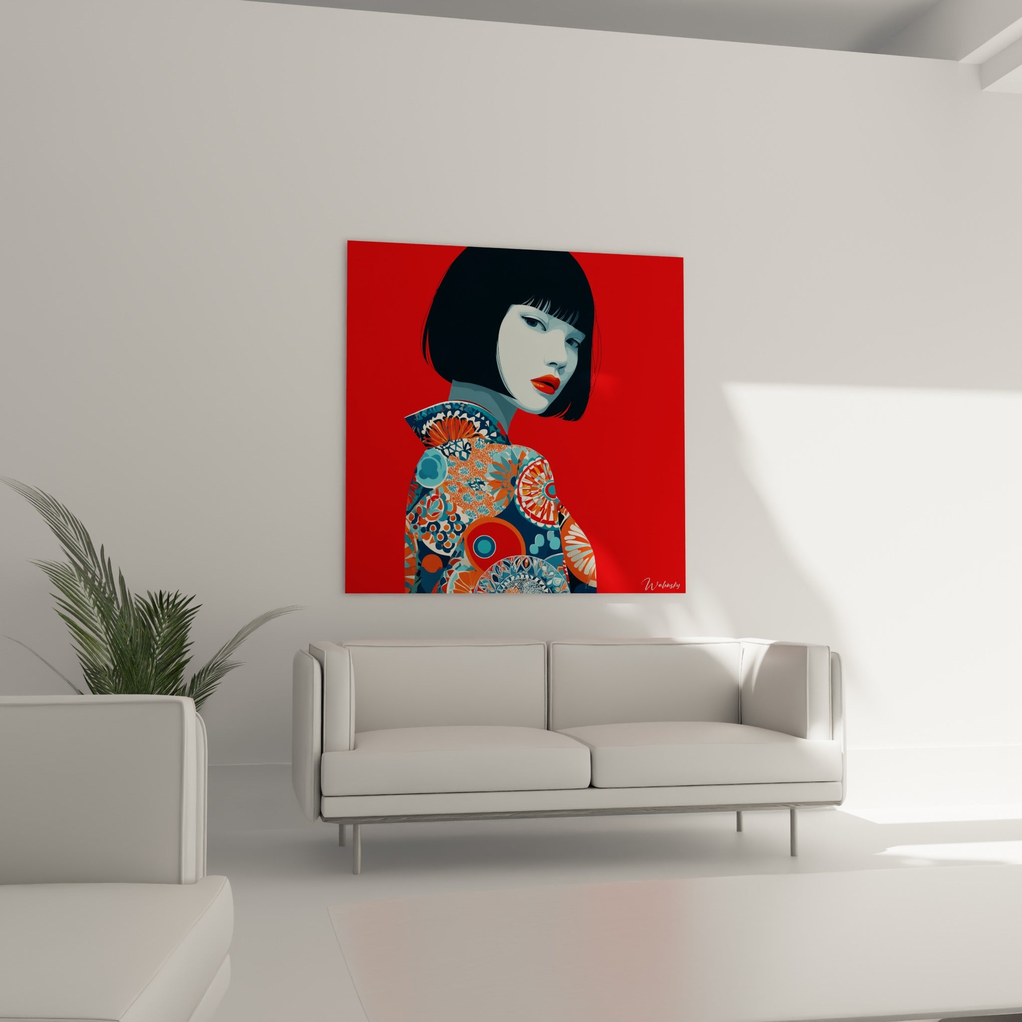 Portrait graphique aux tons rouge et bleu pétrole, suspendu au-dessus d'un canapé dans un salon lumineux