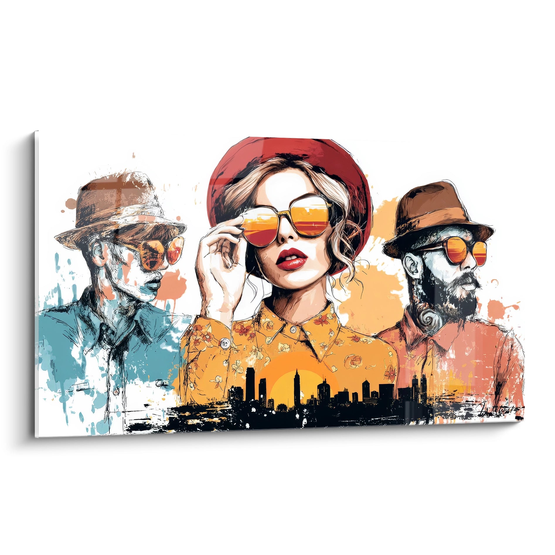 Tableau illustration mode avec des personnages stylisés portant des lunettes de soleil et un paysage urbain en arrière-plan