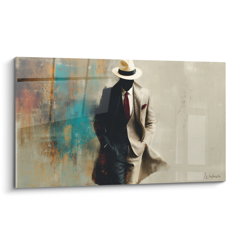 Tableau Homme élégant chapeau beige silhouette sombre - Silhouette anonyme - Edition Illustration de mode