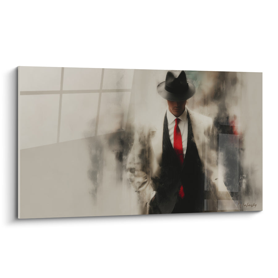 Tableau Homme élégant chapeau noir cravate rouge - Silhouette évanescente - Edition Illustration de mode