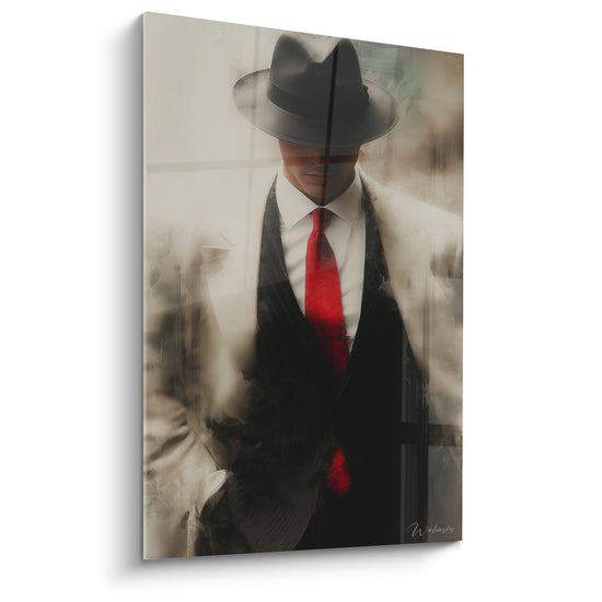 Tableau Feutre noir et cravate rouge en fondu - Silhouette masculine énigmatique - Edition Illustration de mode
