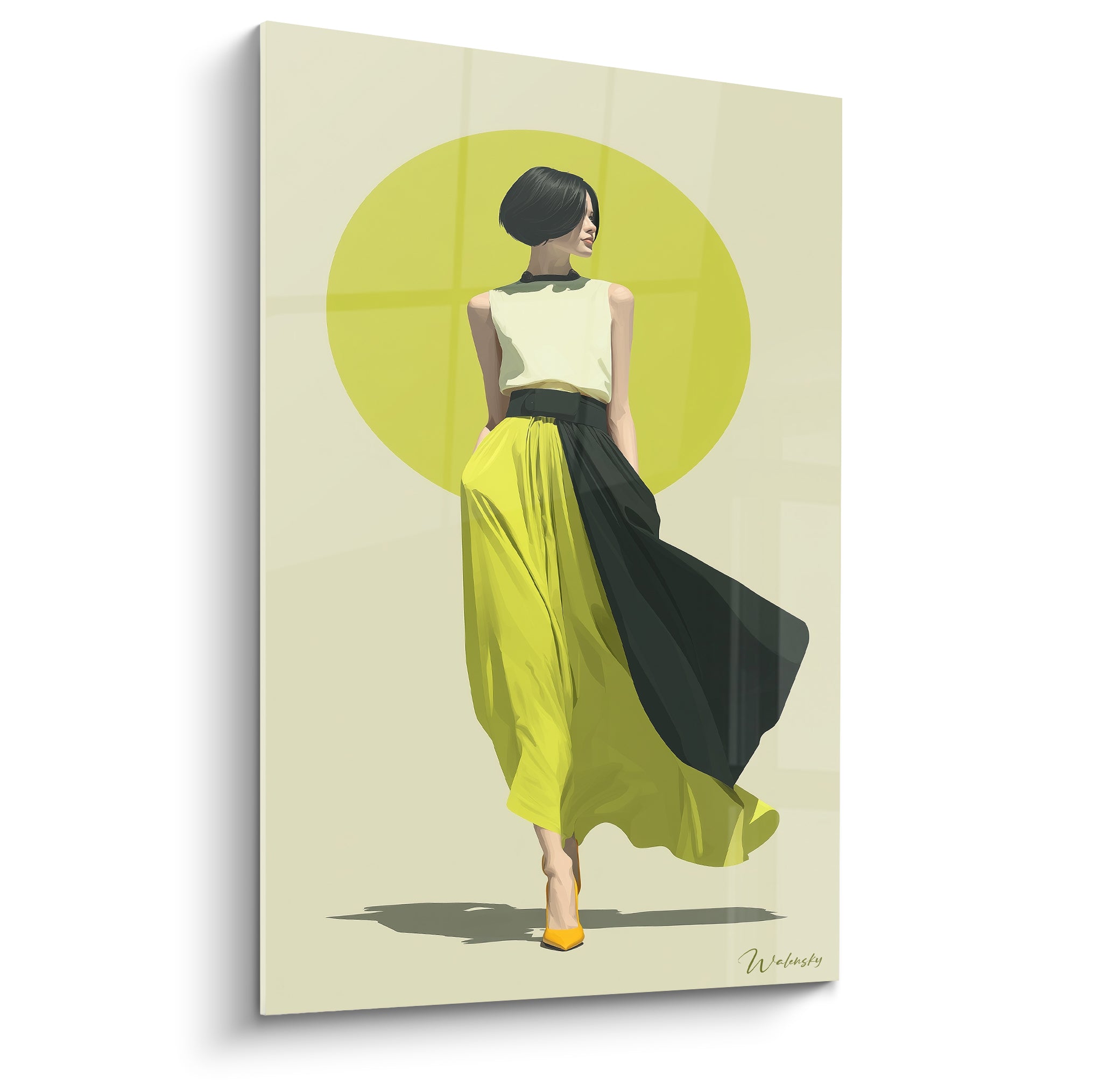 Silhouette élégante en jupe jaune vert et anthracite, illustration de mode sur fond citron