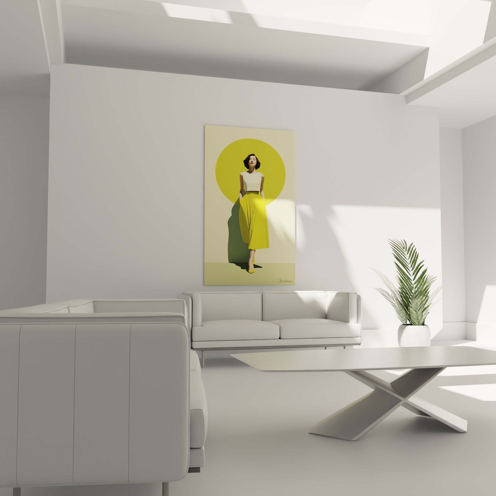 Silhouette élégante en jaune citron et ivoire, tableau illustration de mode au-dessus d'un canapé dans un salon lumineux