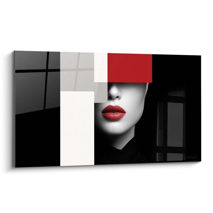 Tableau Visage aux lèvres rouges et blocs noirs - Mystère dévoilé - Edition Illustration de mode