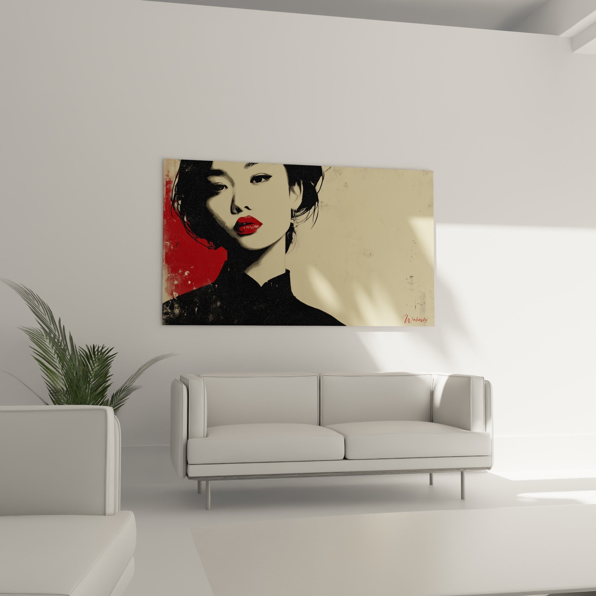 Femme au regard perçant, lèvres écarlates, accrochée au-dessus d'un canapé dans un salon lumineux