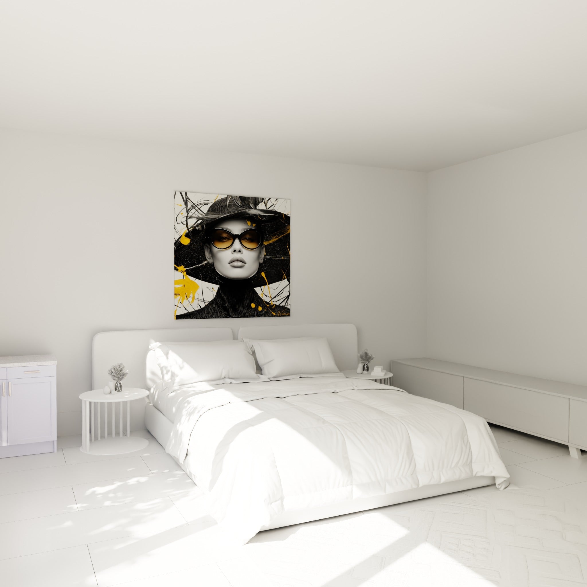 Silhouette au chapeau noir et jaune moutarde, illustration de mode au-dessus d'un lit dans une chambre claire