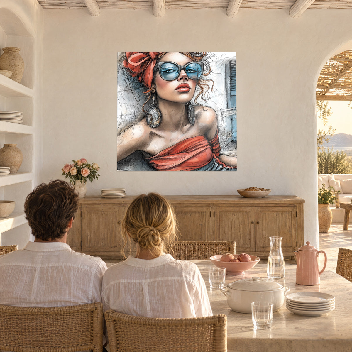 Cuadro boceto de una pelirroja con corsé drapeado, gafas de mariposa azules, ambiente coral y blanco, comedor mediterráneo