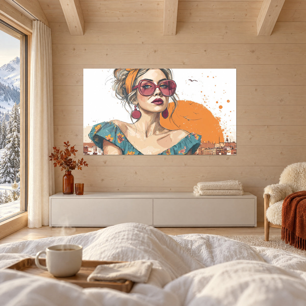 Cuadro musa retro con grandes gafas burdeos, disco naranja, encaje de tejados ocres, encima de una cama en un dormitorio luminoso
