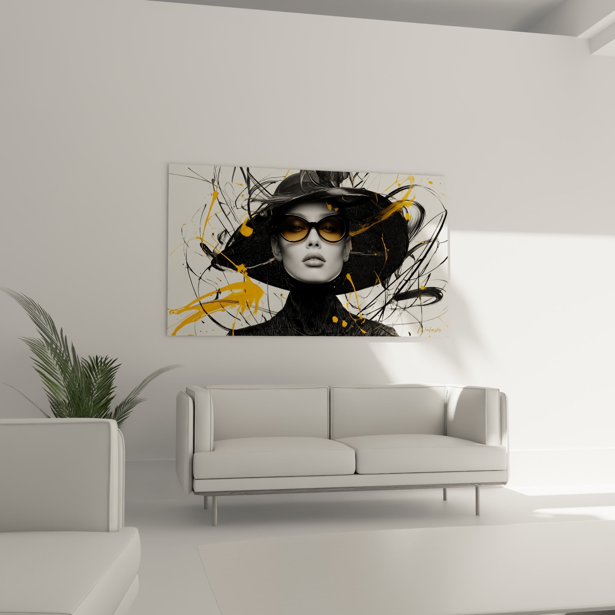Femme au chapeau graphique noir et touches dorées, illustration de mode au-dessus d'un canapé en salon lumineux